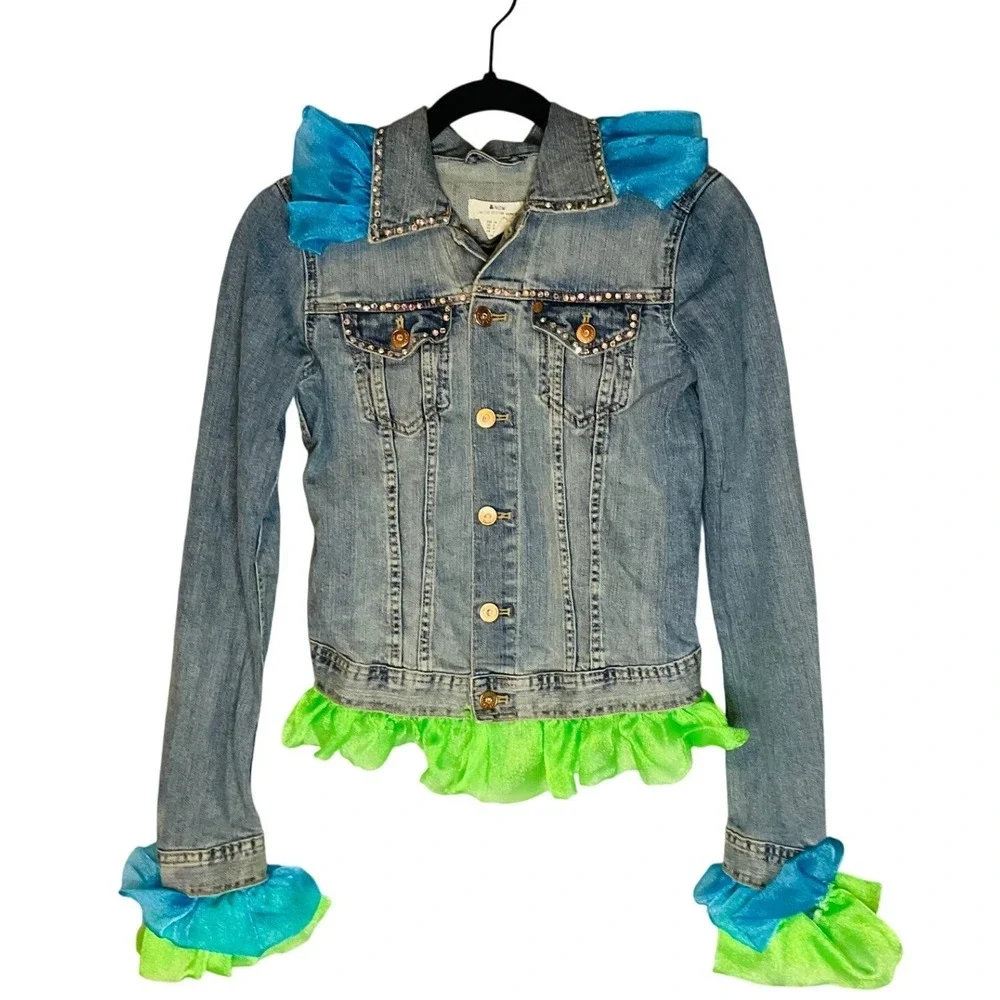 &NOW women's embellished Y2K pop star denim Jean jacket Upcycled sz 4 ruffle DIY